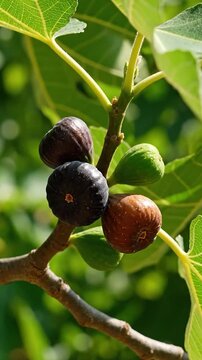 Delicious ripe and unripe figs growing on a branch of a fig tree under natural