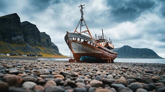 Abandoned shipwreck on rocky beach with rugged mountains under cloudy sky