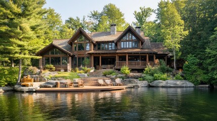 Obraz premium Luxurious log cabin on lake shore with patio