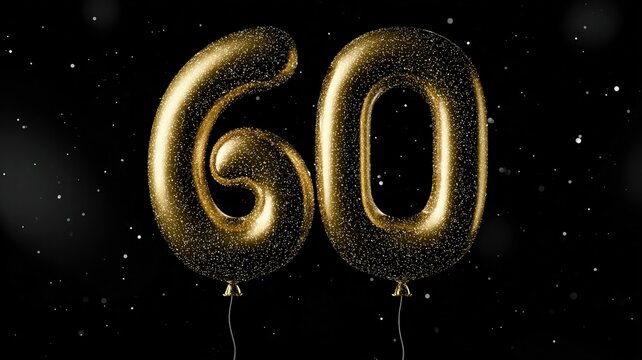 Shiny golden number sixty balloon with confetti for luxury anniversary celebration or happy birthday party event on dark background