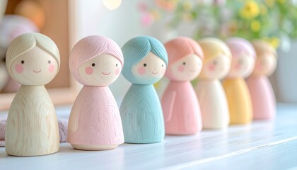 可愛い表情の木製の人形が並んでいる　人材、多様性、個性、チームワークなどをイメージ　AI生成素材