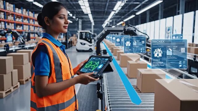 Female worker uses tablet to manage automated logistics in modern warehouse.
