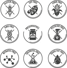 Healthy food labels set gluten free soy free dairy free gmo free no preservatives pesticide free vector