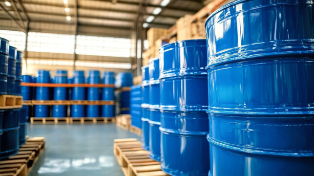Blue barrel drum on the pallets contain liquid chemical in warehouse prepare for delivery to customer by made to order.