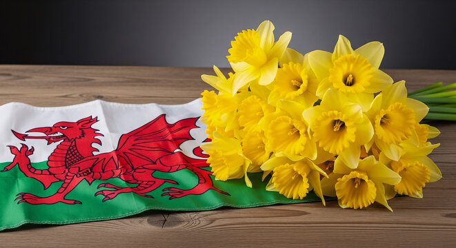 St. David's Day (Wales/UK) Daffodils, welsh dragon flag, leeks, traditional dress.


