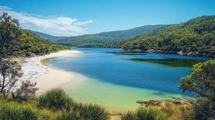 Naklejka premium Pristine white sand beach meets turquoise lake, lush green hills, sunny day