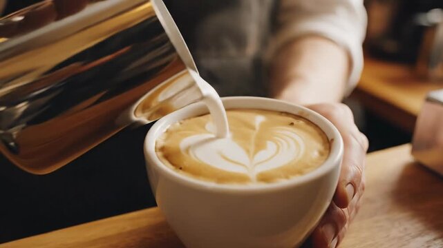 Barista skillfully pours steamed milk into espresso creating latte art heart shape in coffee cup