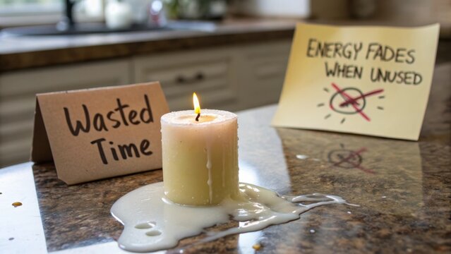 Melted Candle and Wasted Time Note on Countertop