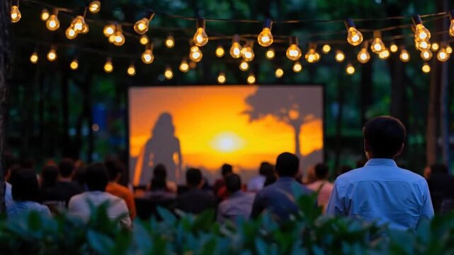 People watch movie at outdoor screening with string lights at sunset