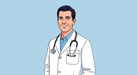 Fototapeta premium Smiling and professional male doctor illustration in a white lab coat with a stethoscope, exuding warmth and expertise for medical consultations and healthcare services