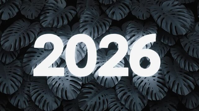 A futuristic 2026 graphic design with large white numeric text on a dark tropical leaf background