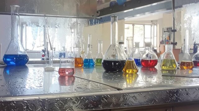 Colorful liquids in laboratory beakers, reflected in a wet steel surface