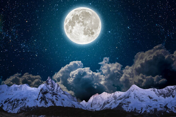 night sky with moon and mountains, nature background © runruna