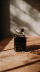 Organic compost tea liquid in clear glass bottle sits on wooden table with warm sunlight and soft shadows creating natural and calming atmosphere