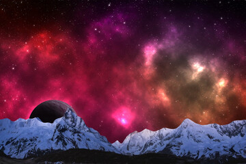 night sky with moon and mountains, nature background © runruna