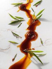 Organic compost tea liquid brown glossy natural fresh overhead flat lay conceptual bamboo leaf ripple marble background eco friendly gardening sustainable