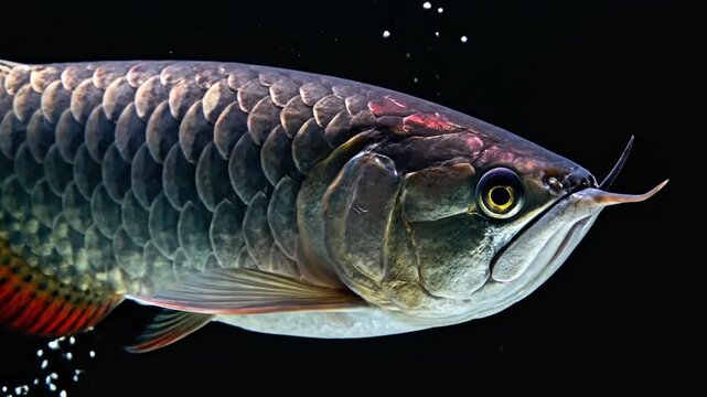 A large silver fish with red fins swims underwater with bubbles rising.