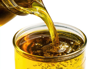 Organic compost tea liquid is being poured into clear glass container showing its golden color and clarity with visible bubbles and clean white background