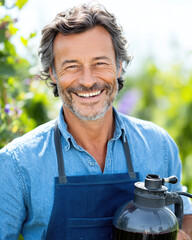 Organic compost tea liquid in reusable container held by smiling middle aged man wearing blue apron in lush garden setting, radiating happiness and health