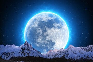 night sky with moon and mountains, nature background © runruna