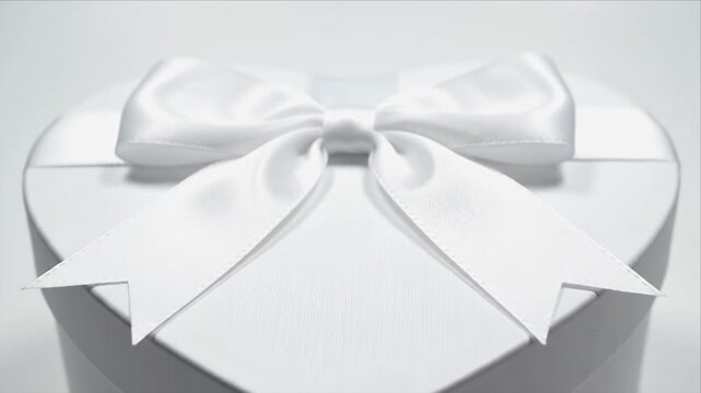 Close-up of a white gift box adorned with a delicate bow, transitioning from a flat view to a heart-shaped design, ideal for celebrations, romantic gestures, or special events