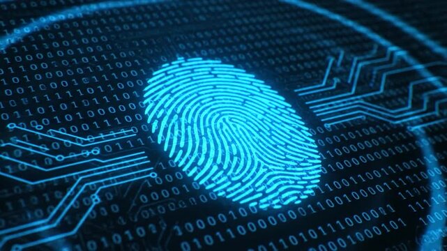 Digital fingerprint rendered in blue, with binary code background and circuit-board lines