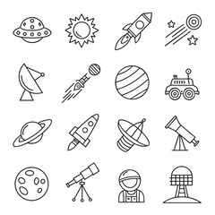 A collection of linear icons depicting various space elements including planets rockets and extraterrestrial technology high quality professional detailed © GraphicsClip