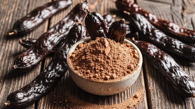 Carob powder in bowl surrounded by dried carob pods on rustic wooden table