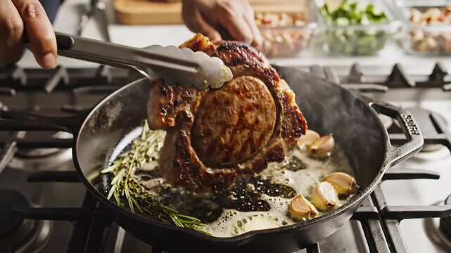 Chef basting juicy ribeye steak with butter and herbs in cast iron skillet