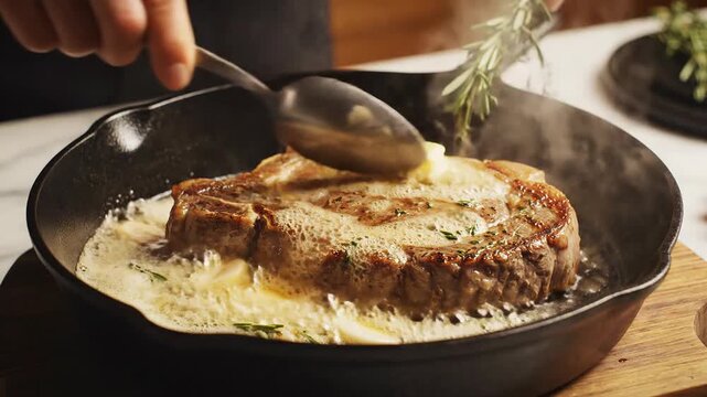 Chef basting juicy ribeye steak with butter and rosemary in cast iron pan