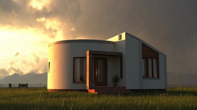 Modern house rendered in evening light with cloudy sky and grass