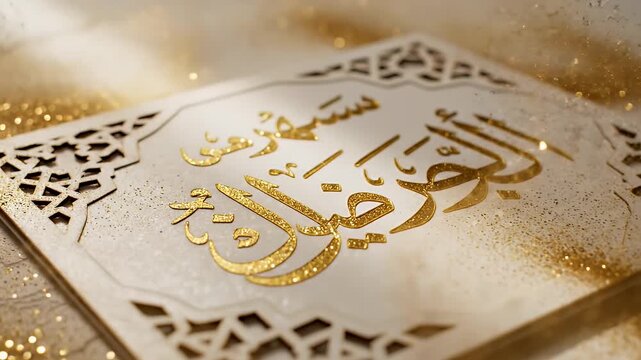 Elegant white card with glittering gold Arabic calligraphy design