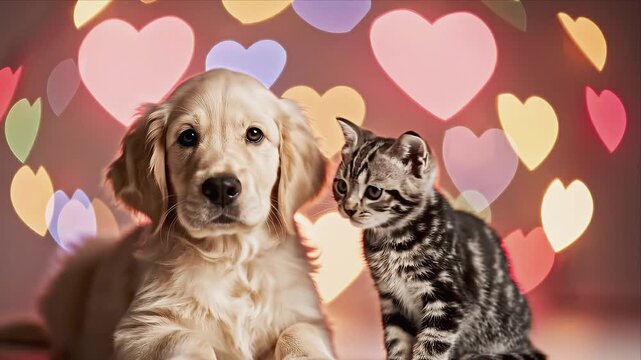 Golden retriever and tabby cat interact closely, showcasing a playful connection against a colorful heart-shaped backdrop, creating a warm and loving atmosphere perfect for Valentine's Day
