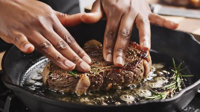 Chef basting juicy steak in cast iron skillet with butter and rosemary