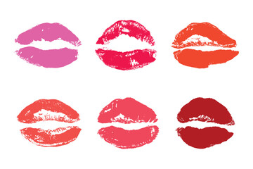 Set of lipstick kiss print Different shapes and colors imprint of lips Red pink female sexy lips makeup Design elements for beauty fashion poster Valentines Day wedding
