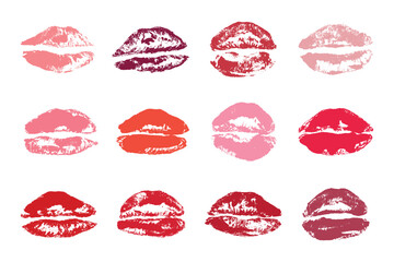 Fototapeta premium Set of lipstick kiss print Different shapes and colors imprint of lips Red pink female sexy lips makeup Design elements for beauty fashion poster Valentines Day wedding