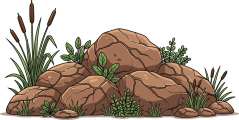 Large brown rocks with green plants and tall reeds in a natural setting © Frd Art