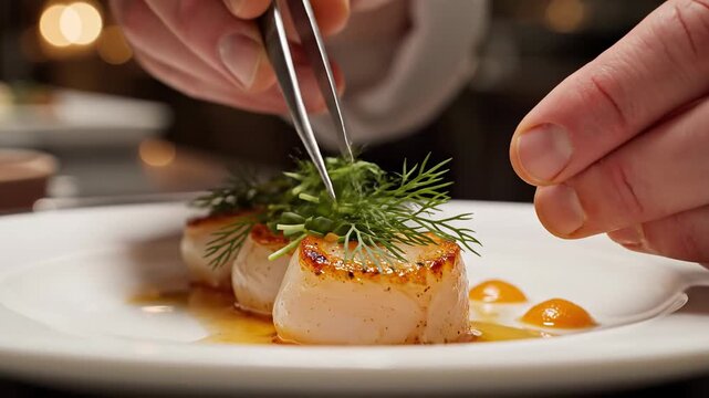 Chef garnishing seared scallops with fresh herbs and microgreens on a white plate