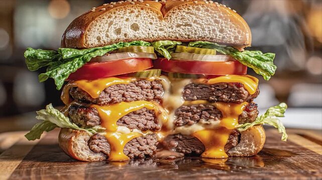 Close-up of a juicy cheeseburger with multiple layers of beef patties, melted cheese, fresh lettuce, and ripe tomatoes, showcasing delicious ingredients on a wooden surface