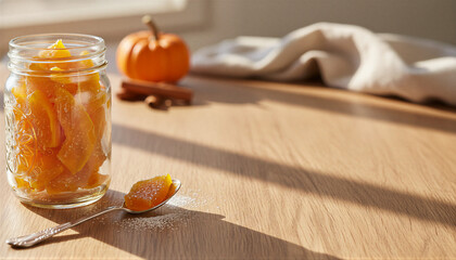 Homemade candied pumpkin slices in a glass jar on a wooden table with fall spices and a small pumpkin for a sweet autumn harvest concept