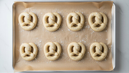Eight unbaked soft pretzels arranged on a parchment-lined baking sheet, lightly dusted with flour, ready to bake for homemade baking concept and traditional treat