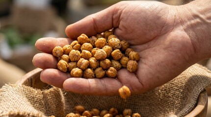Close-up of healthy roasted chickpeas held in a man's hand, gently spilling into a rustic burlap bowl for natural snack concept and wholesome nutrition