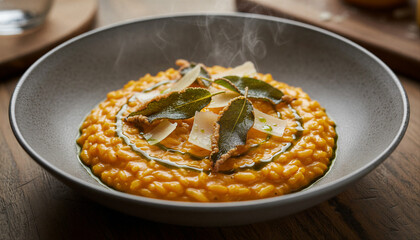 Creamy steaming pumpkin risotto topped with parmesan shavings and crispy sage in a bowl on a wooden table for a rich autumn meal concept