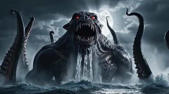 A terrifying, monstrous sea creature with glowing red eyes rises from dark, stormy waters