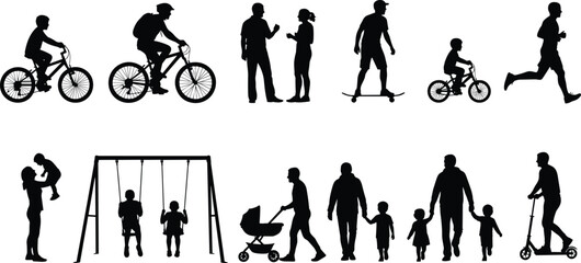 Silhouettes of people engaging in outdoor activities and family interactions with bicycles skateboard swing and scooter © Frd Art