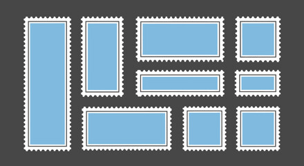 Collection of blank light blue postage stamps with perforated edges on a dark background.