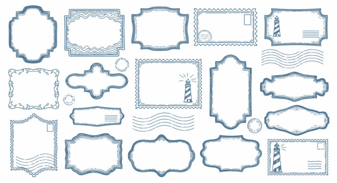 A collection of various blue outline frames, borders, and postage stamp-like designs with wavy lines, suitable for labels or decorative elements.