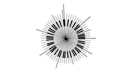 Abstract radial design with black and white bars resembling piano keys or a sound equalizer, emanating from a central point on a white background. © Avoxel