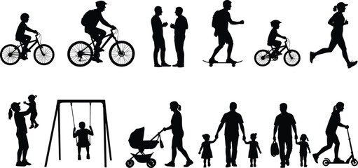 Silhouettes of people engaging in various outdoor activities and family interactions with bicycles skateboard © Frd Art