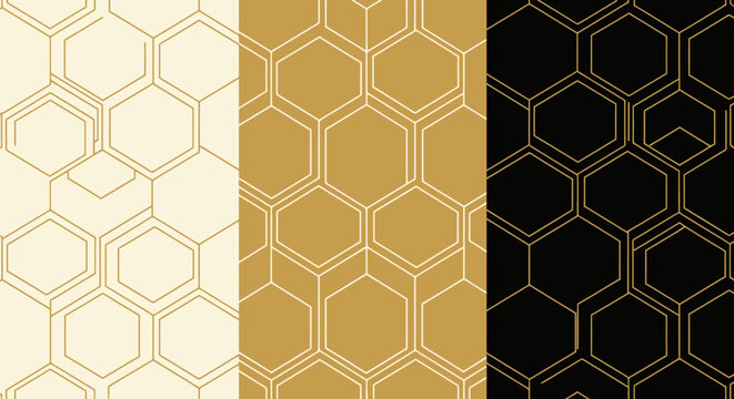 Three vertical panels displaying elegant geometric honeycomb patterns in cream, gold, and black with golden outlines, creating a stylish abstract background.